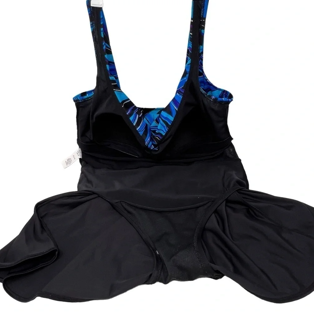 Longitude Skirted Swim Dress Size 10 Black Blue Print Long Torso Straight Back